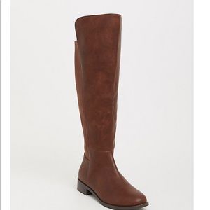 Brown faux leather over the knee boots